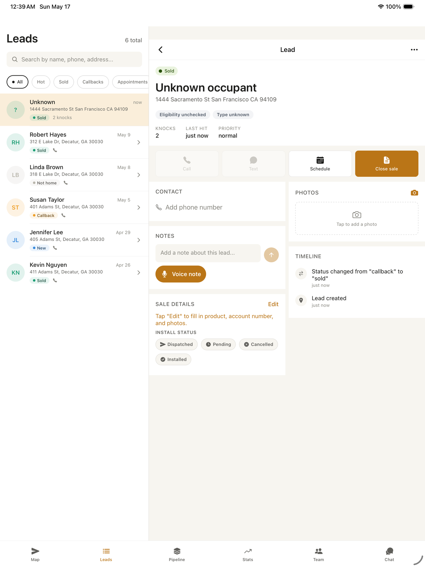 Turf Lion manager dashboard — leads and lead detail in split view on iPad